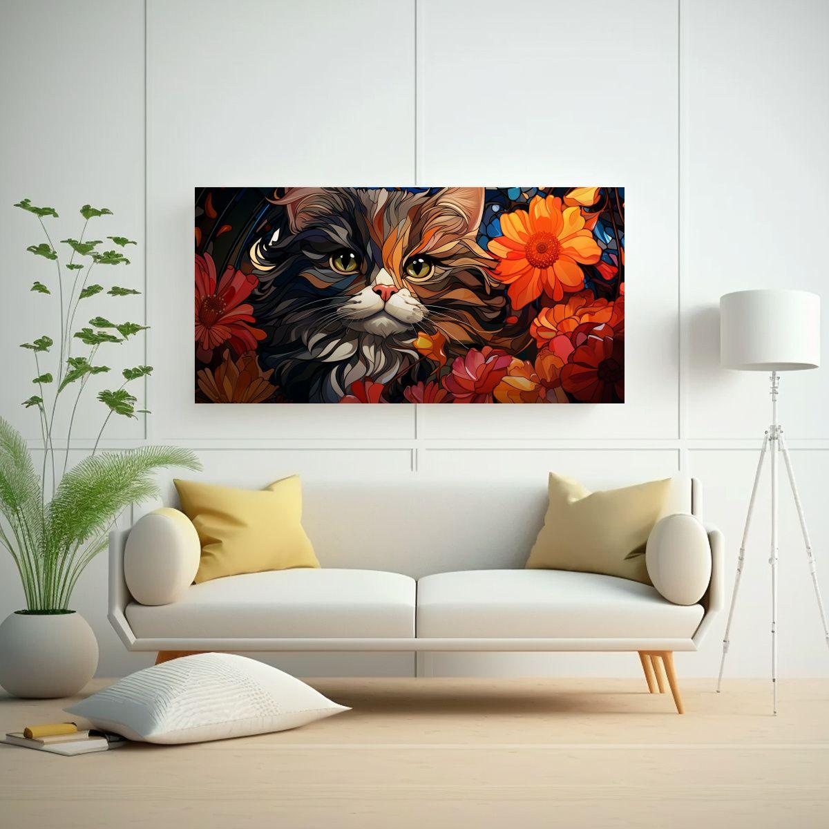 Arte De Pared Figuras Adorable Gato Vitral Digital 100x50cm-2