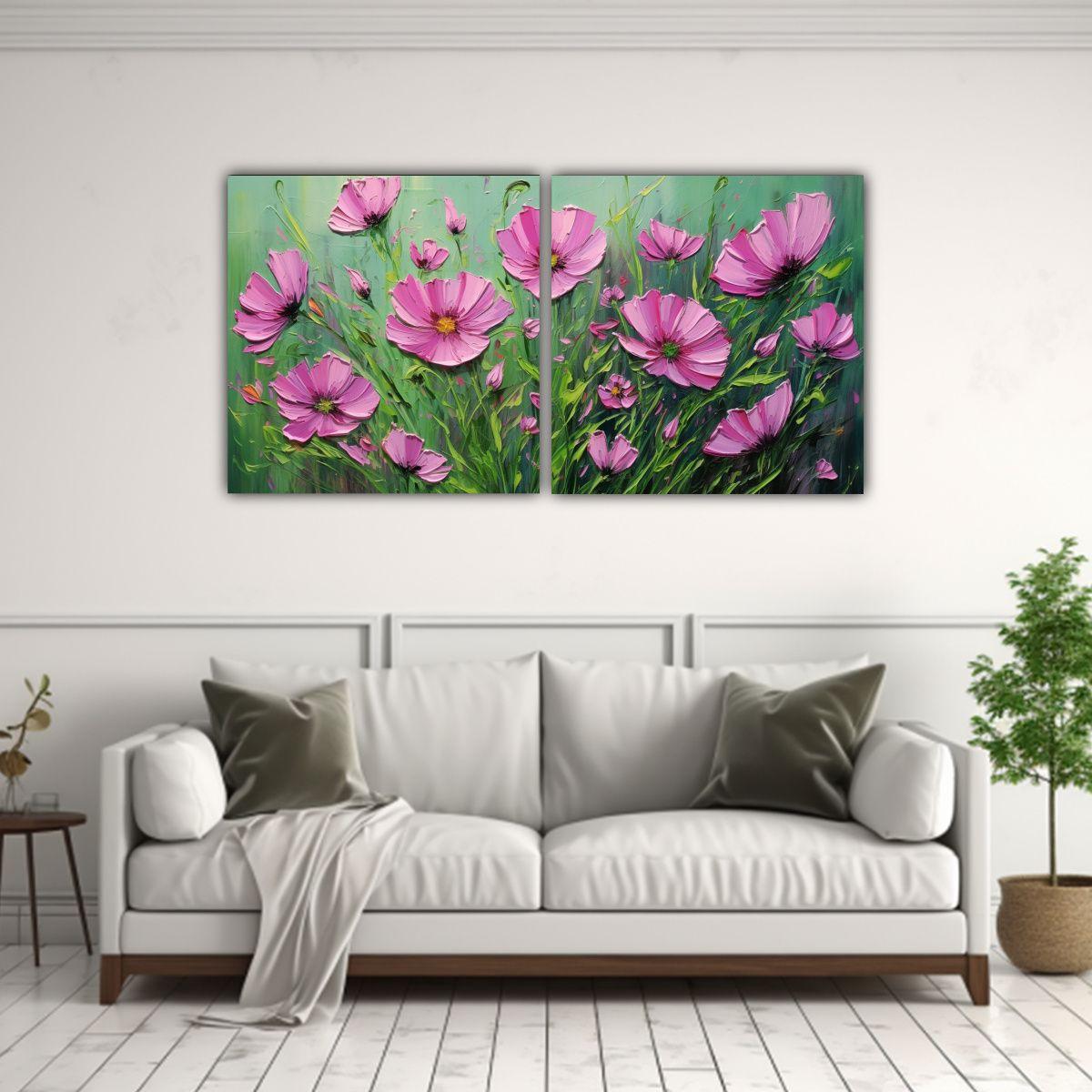 Pintura En Lienzo De Flores Verdes Y Magenta, 80x40 Cm-2