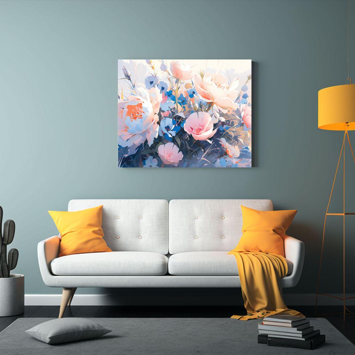 Cuadro Moderno Floral En Tonos Rosa Y Azul Para Decoración. 65x50cm-2