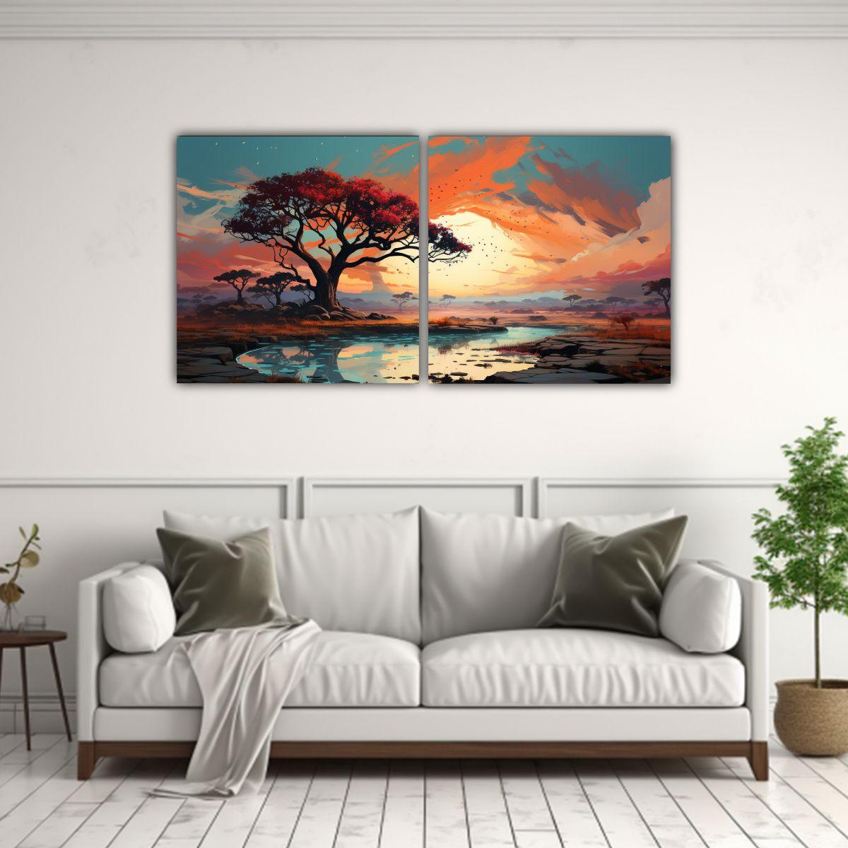 Paisaje Abstracto Con árbol Rojo Y Turquesa En 40x20 Cm-2