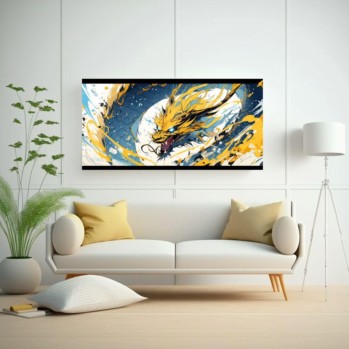 Cuadro Tela Canvas Dragón Amarillo Y Azul 40x20cm-2