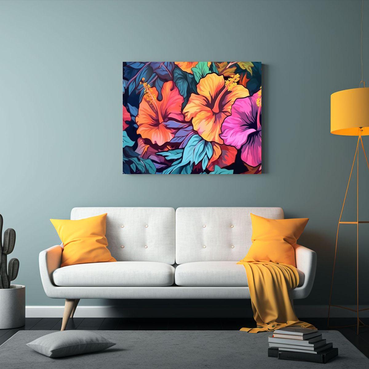 Pinturas Decorativas De Hibiscos Vibrantes En Estilo De Arte 90x60cm-2