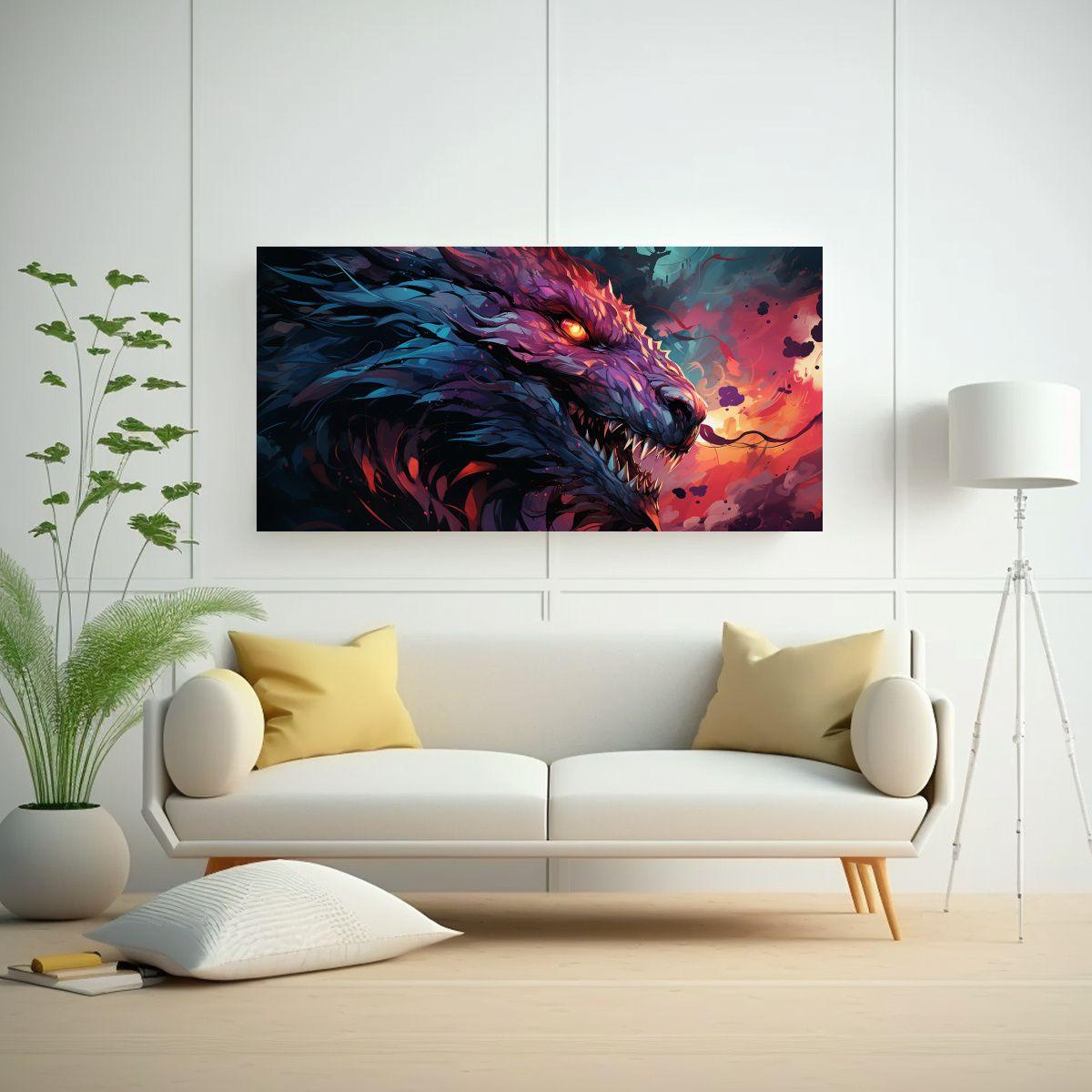 Cuadro Pared Escena Dragón En Púrpura Y Rojo, 80x40cm-2