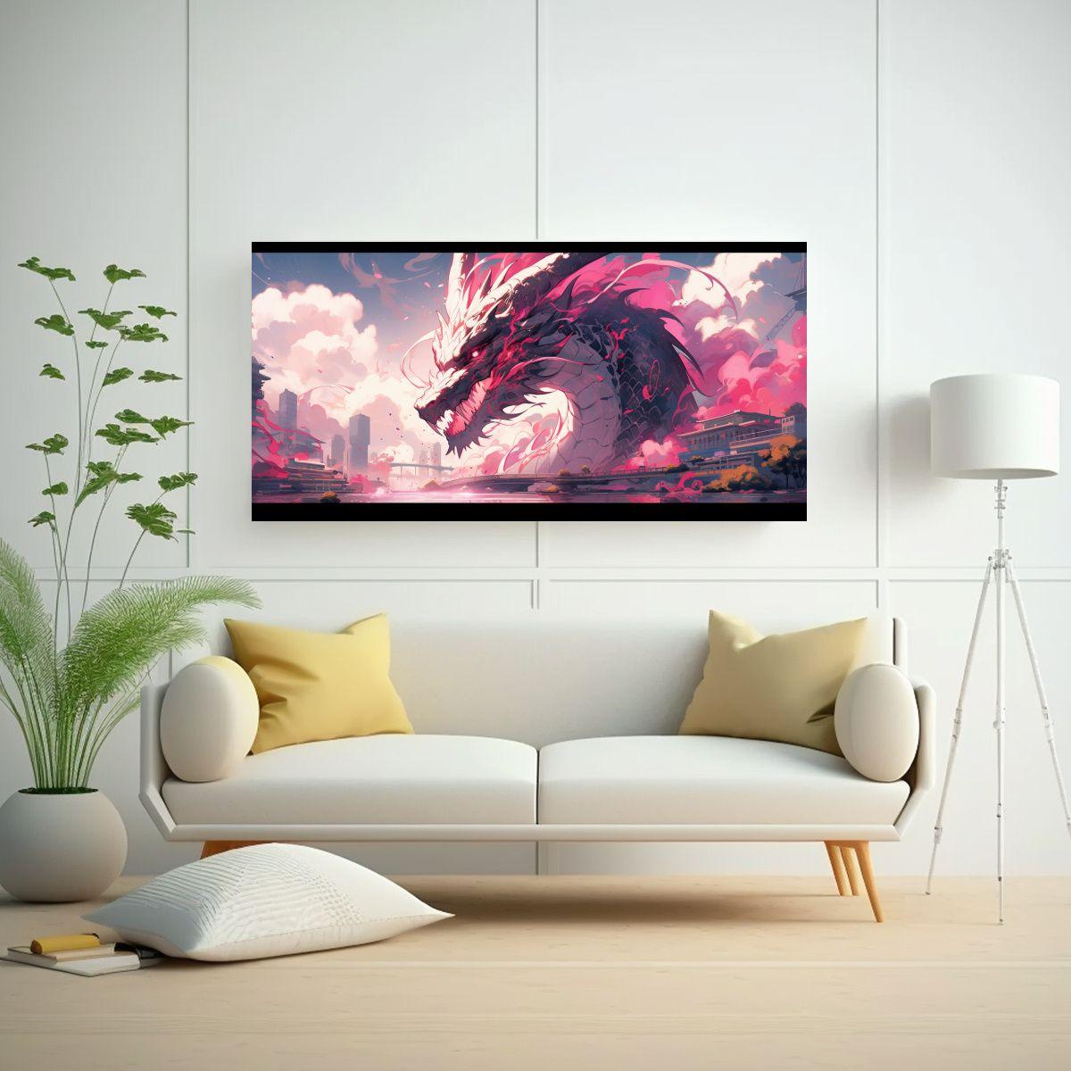 Cuadro De Tela Neonoir Con Dragón Rosa: Arte Impr 60x30cm-2