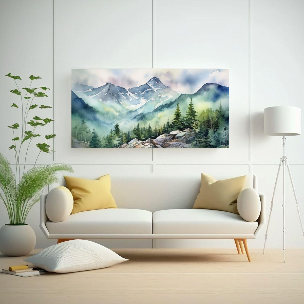 Cuadro De Montaña En Acuarela, Paisaje Escénico 160x80cm-2
