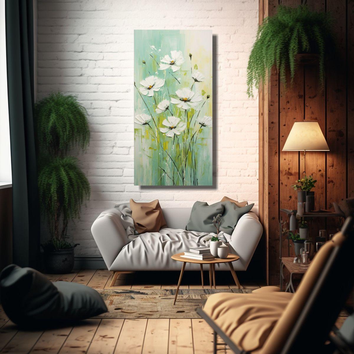 Cuadro Dibujo Colores Vibrantes Flores Verdes 70x140cm-2