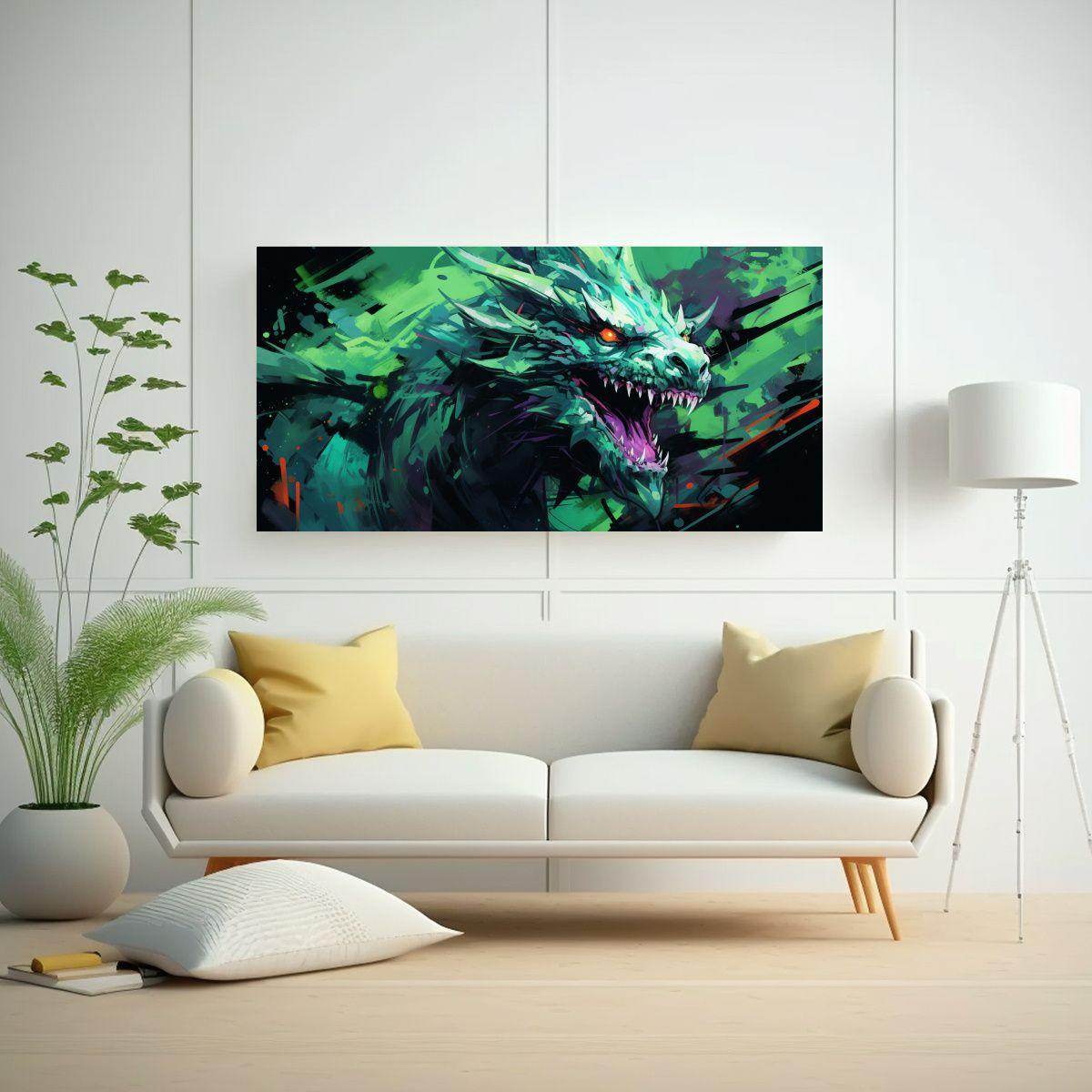 Pintura Lienzo Dragón Colores Vibrantes Verde, At 60x30cm-2