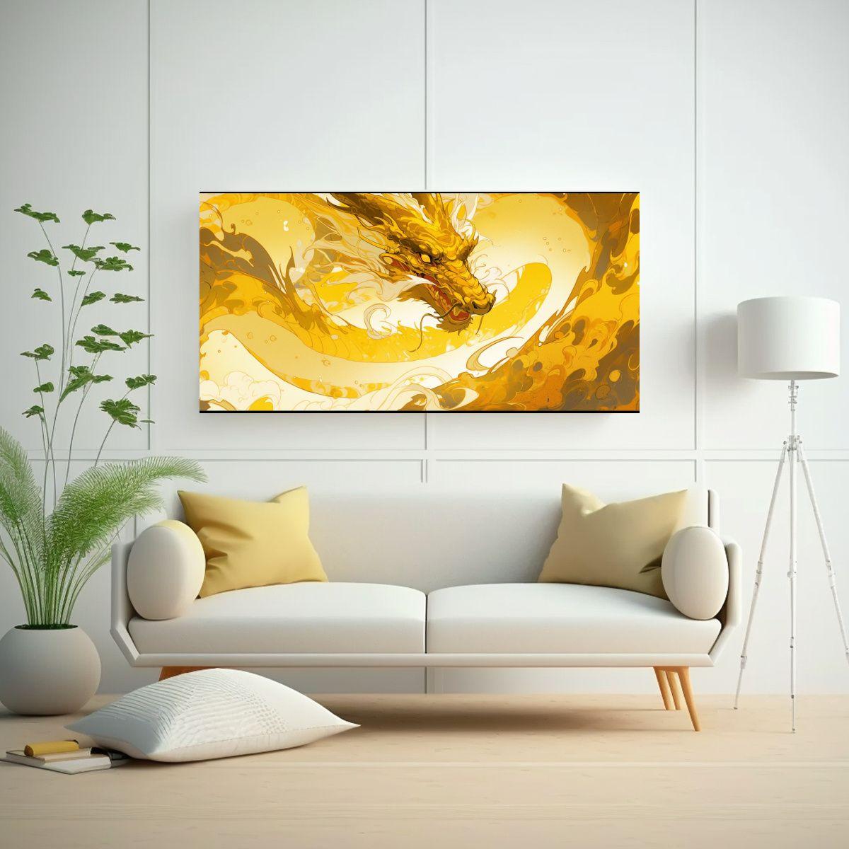 Cuadro Impreso Estrellados: Dragón En Amarillo Y  100x50cm-2
