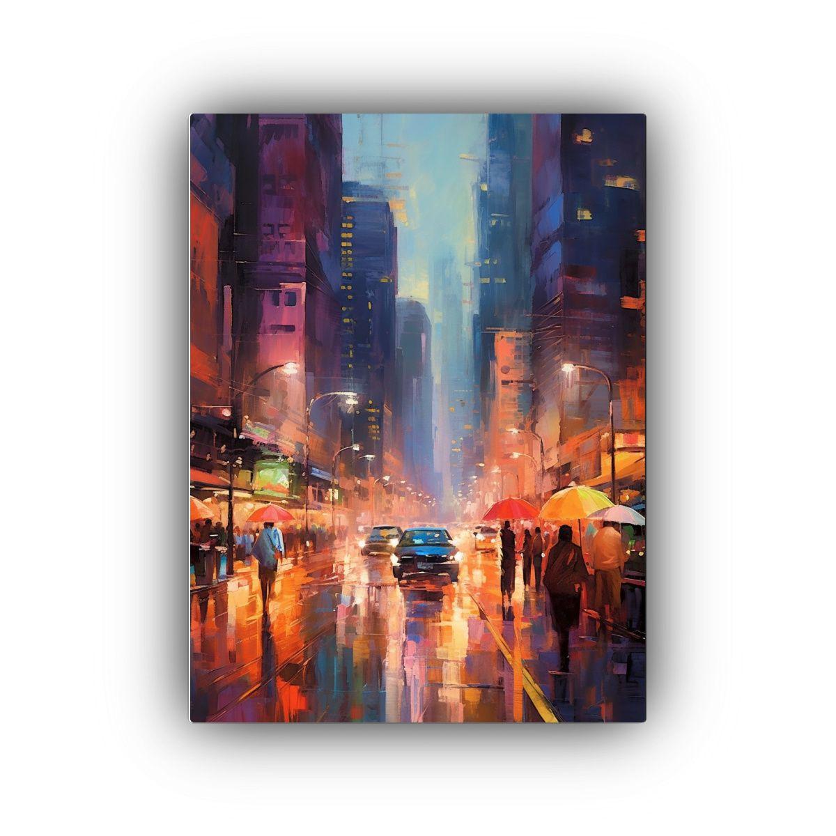 Pintura Abstracta En Lienzo De Una Ciudad De Noche 50x65cm-0