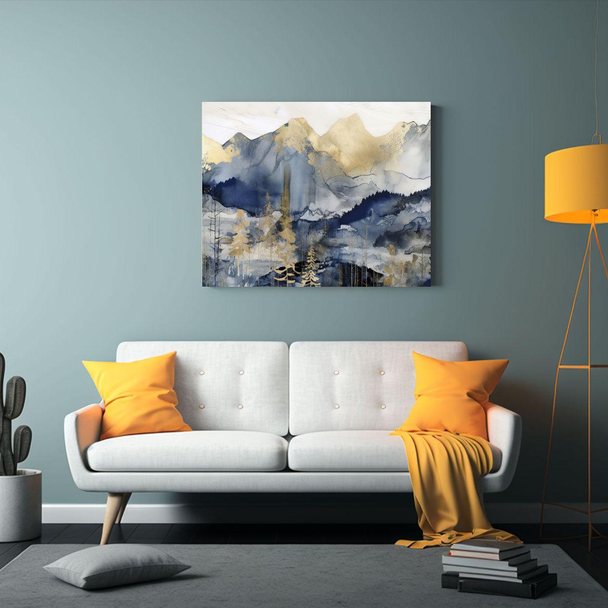 Pintura Relieve Estilo Tinta Dorada Y Azul Sobre Tela En Bas 120x80cm-2