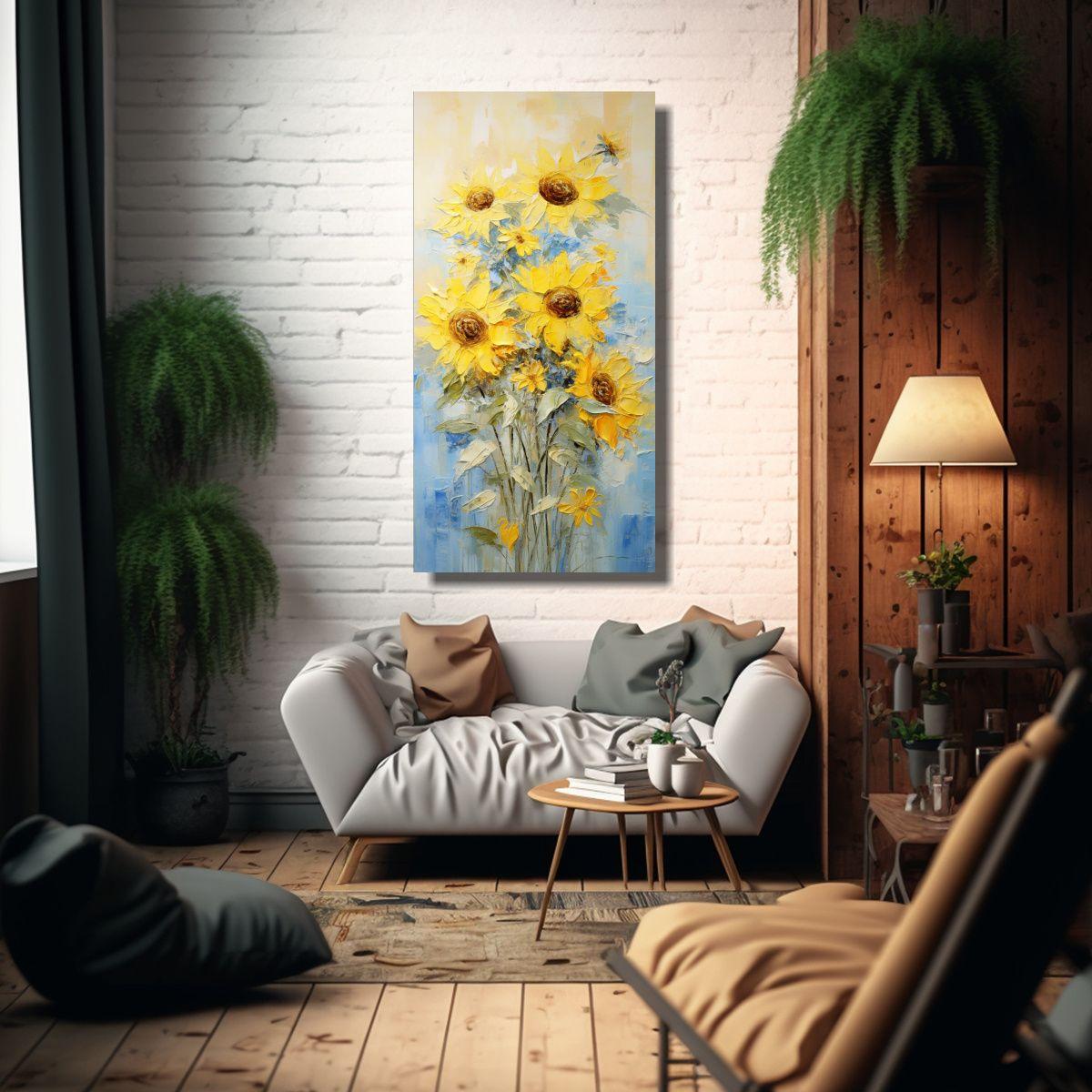 Pintura Vertical Amapolas Amarillas En Lienzo 70x140cm-2
