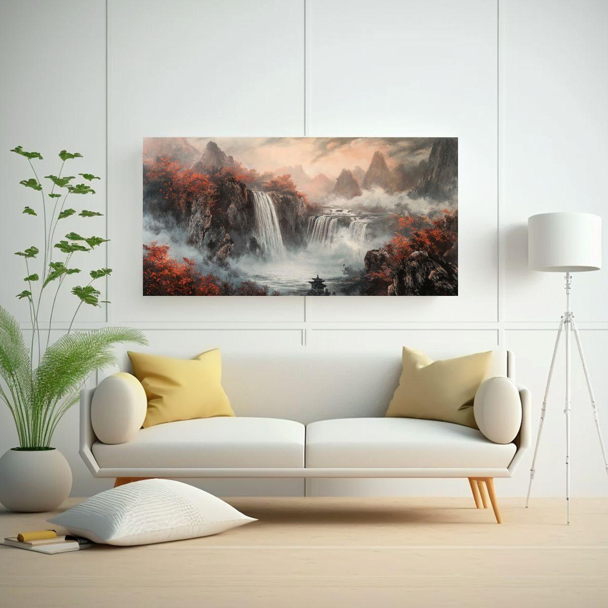 Pintura Río Con Cascada Estilo Decorativo Arte 120x60cm-2