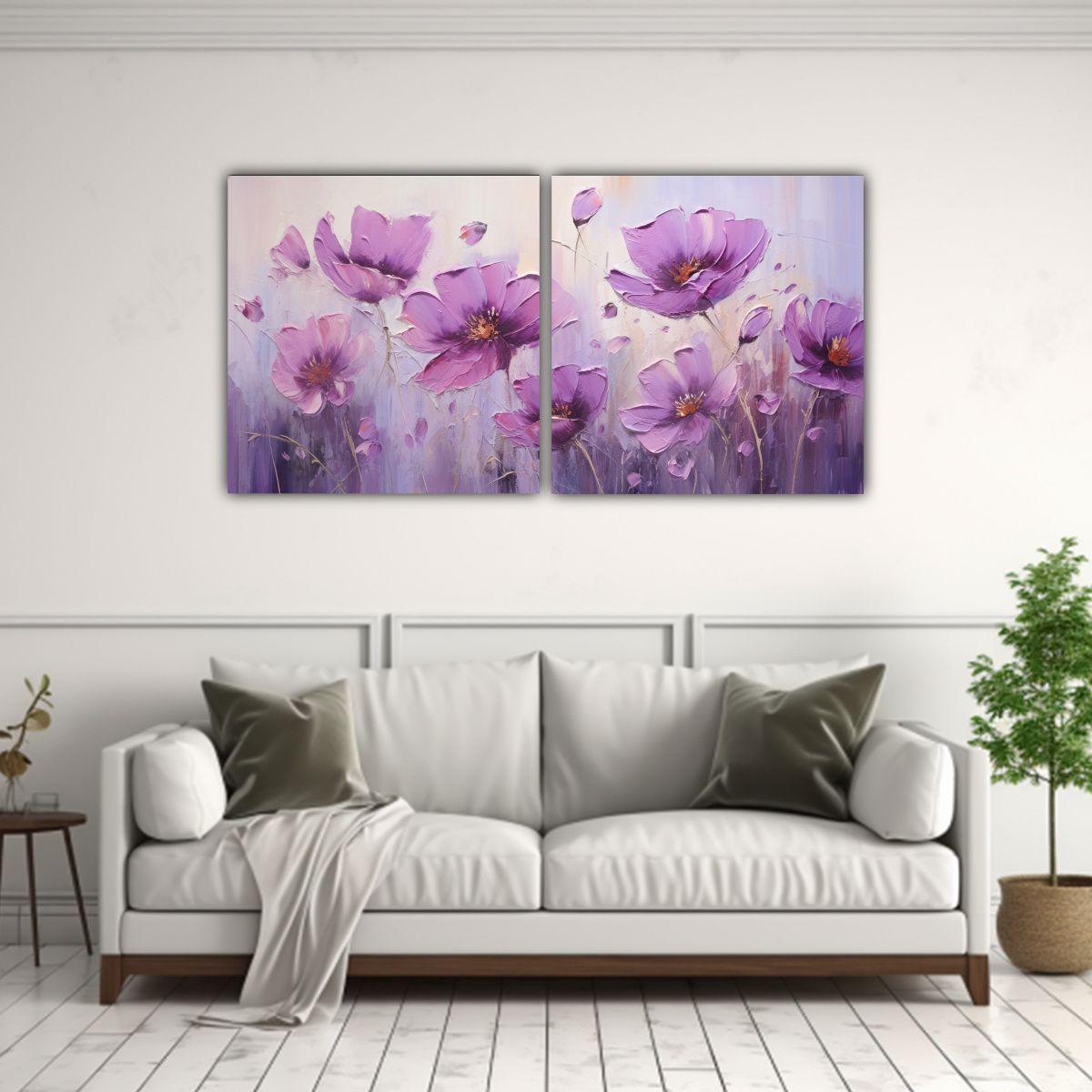 2 Pintura Flores Púrpura Arte Conceptual 60x30 Cm-2