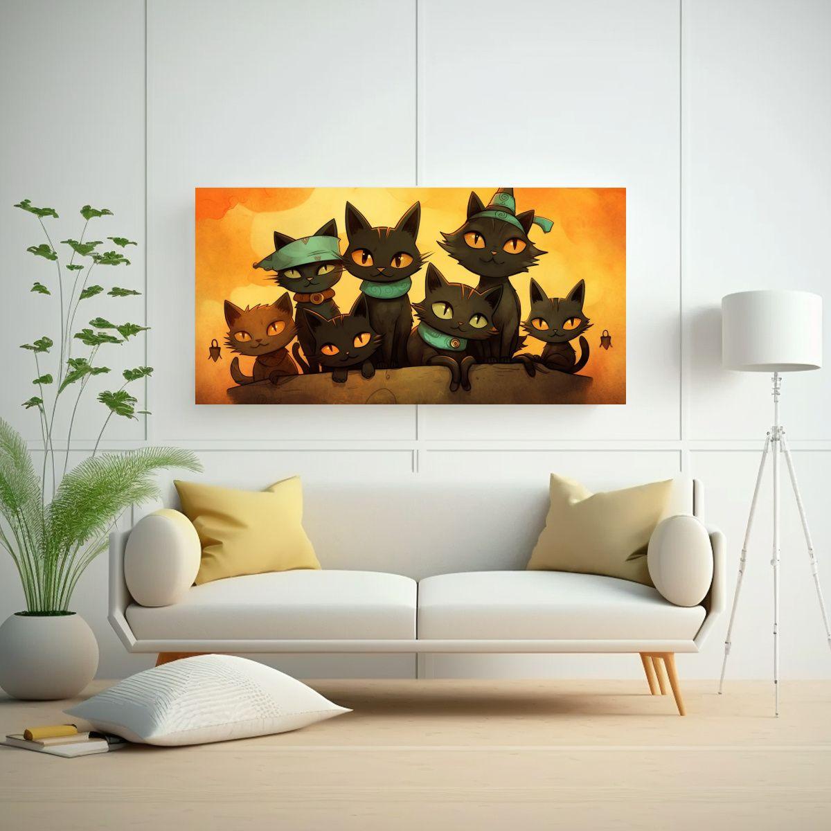 Cuadro De Gatos Negros En Pila Mirando Hacia Ti 80x40cm-2