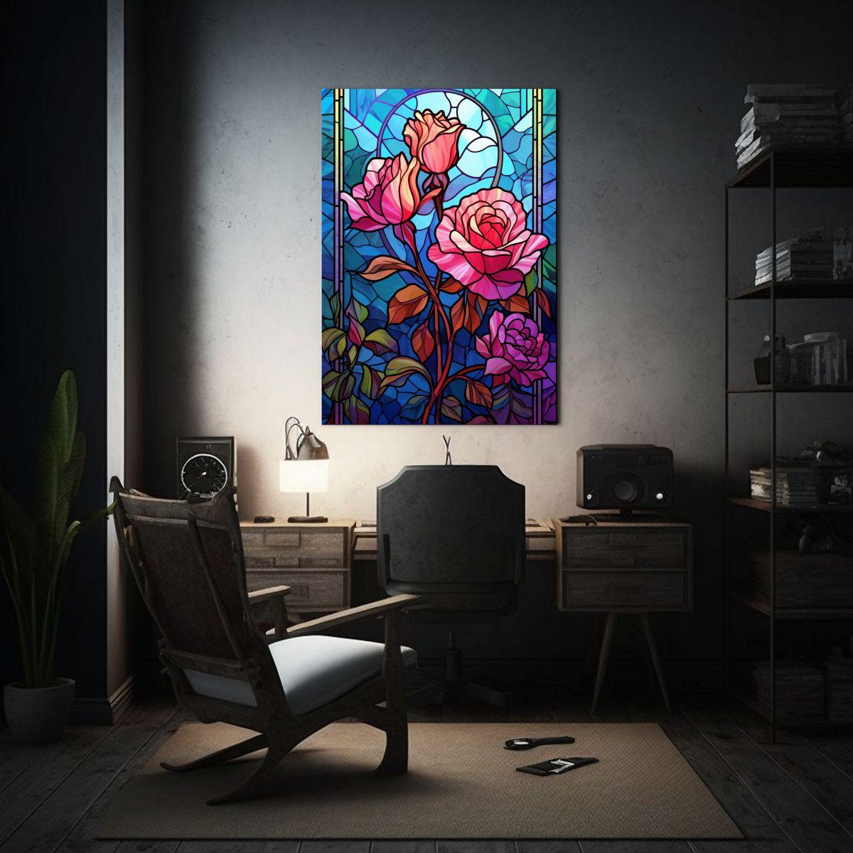 Cuadro Vidriera Escena Moderna Rosas Rosa Jardín 80x120cm-2