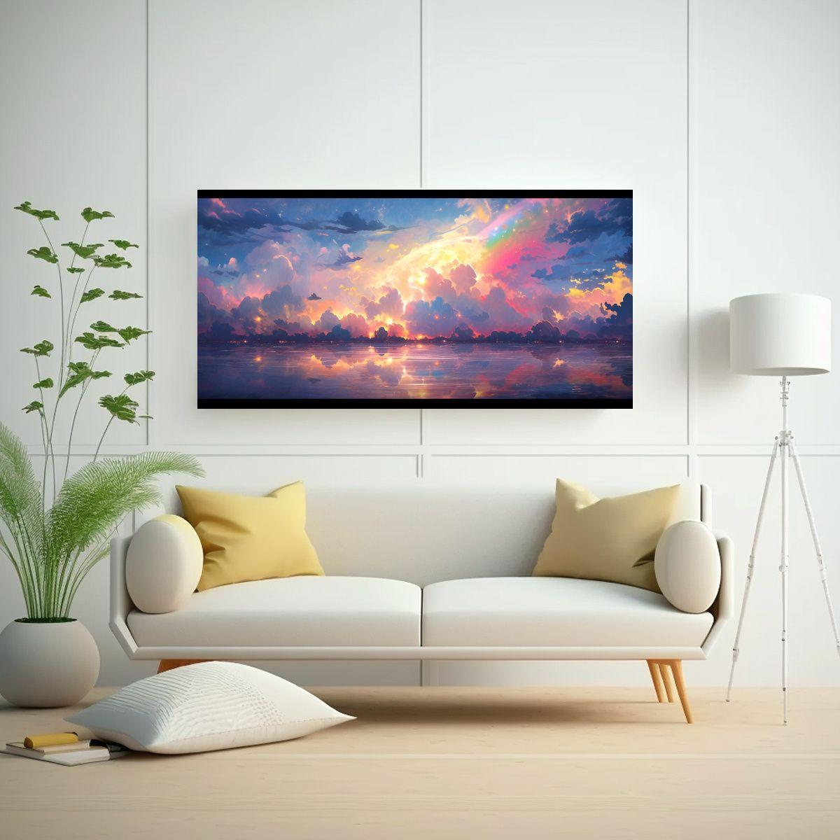 Pintura Abstracta De Cielo Y Mar Con Arcoíris Y C 40x20cm-2