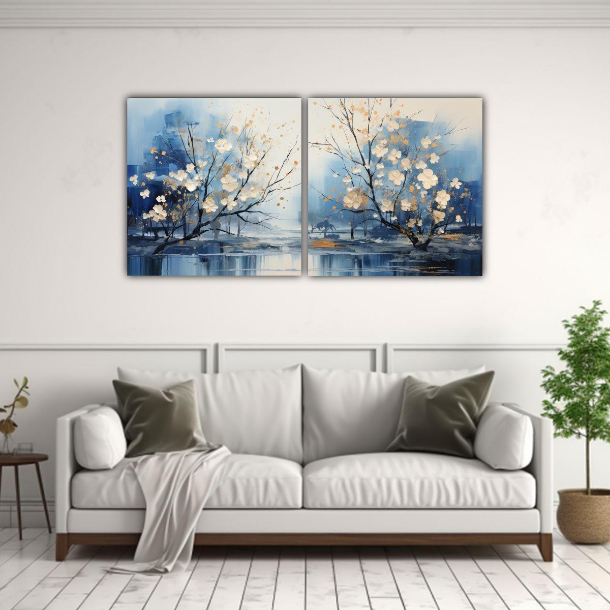 Cuadros Abstractos De árboles En Plata Y Blanco 160x80 Cm-2
