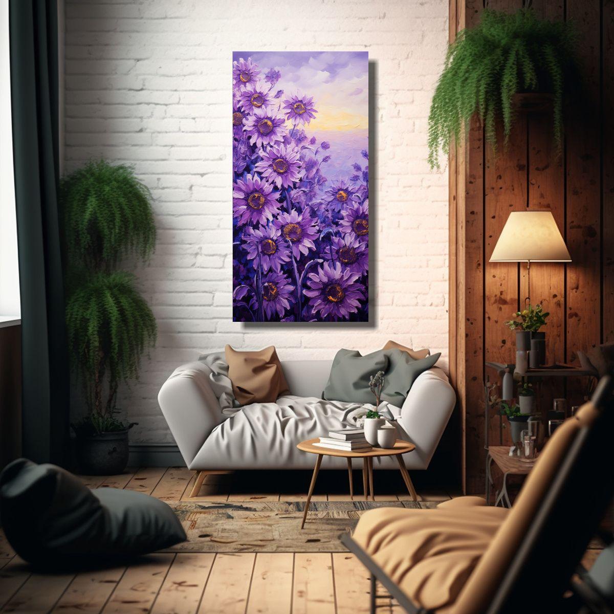 Pintura De Girasoles Morados En Lienzo Estilo 20x40 Cm-2