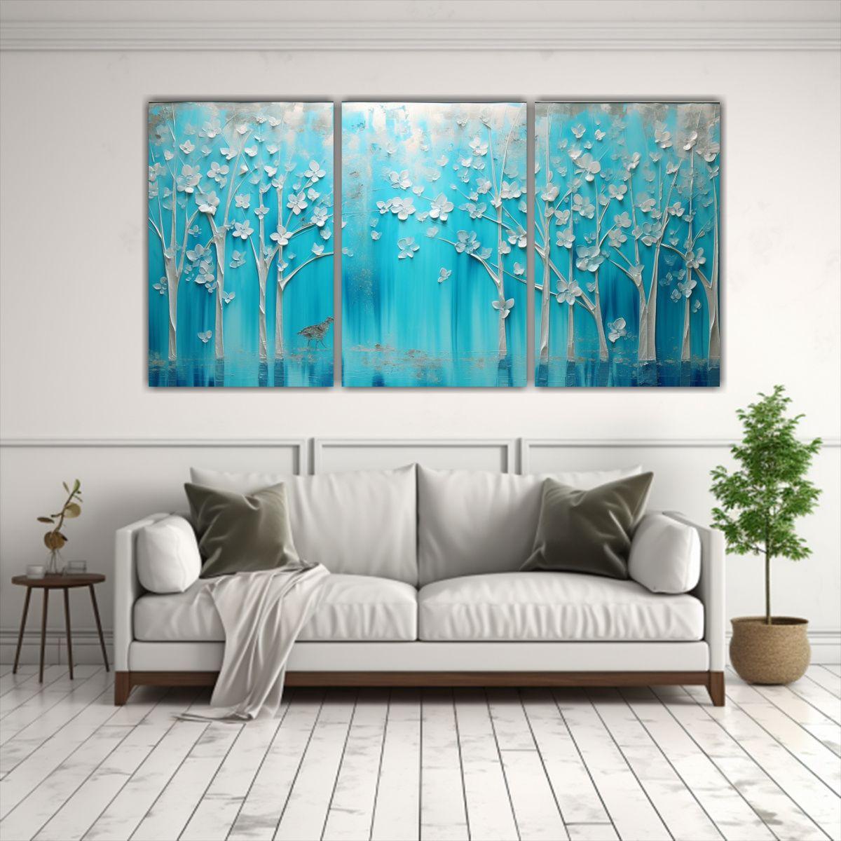 Set De 3 Cuadros De Pared Turquesa Y Plateado 90x45 Cm-2