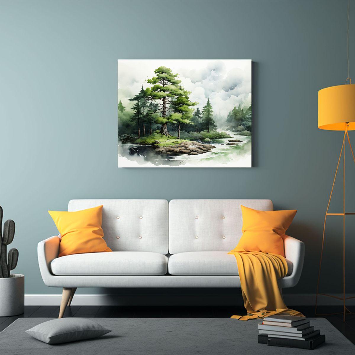 Pintura Abstracta Bonita De Lienzo Con árbol De Pino Verde  75x50cm-2