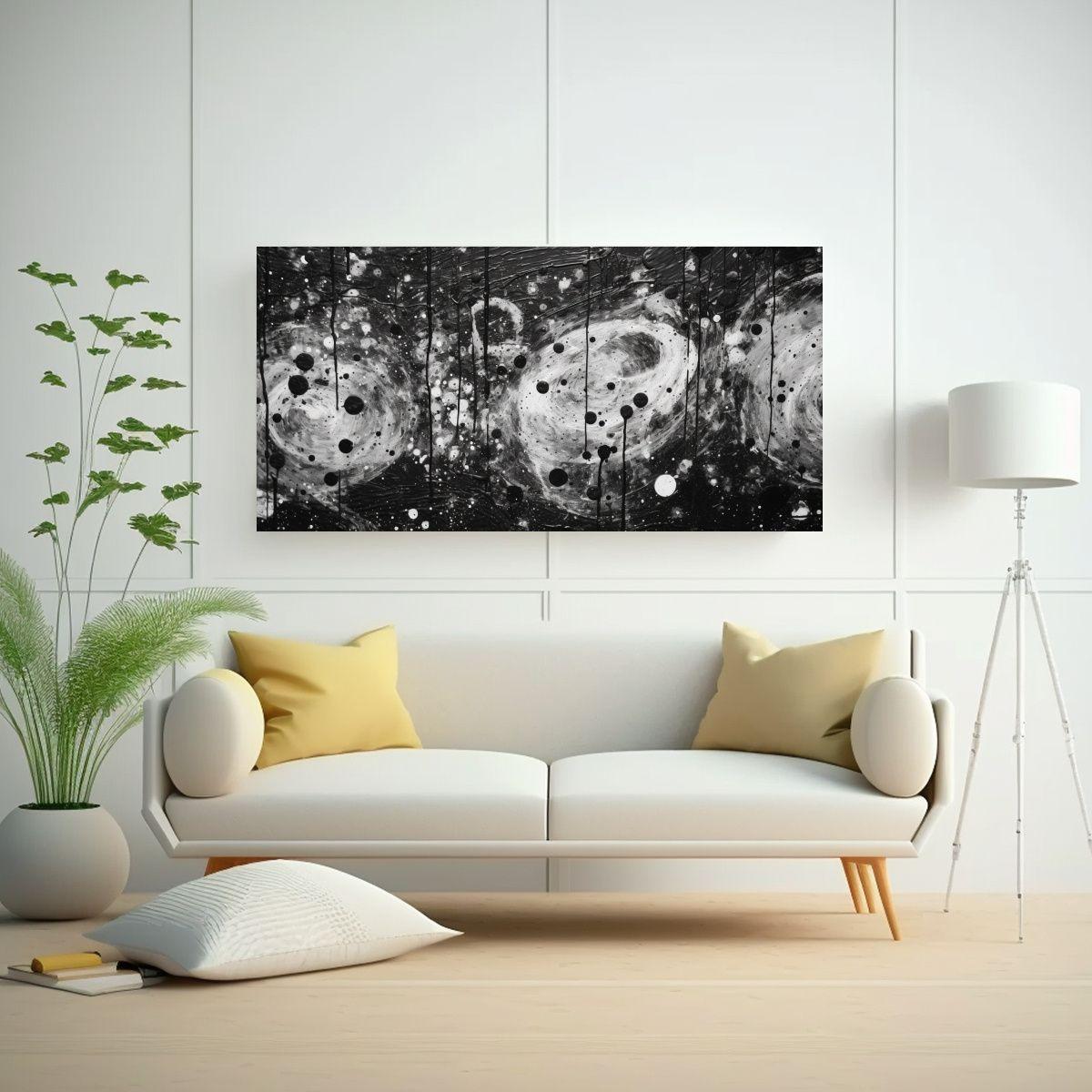 Pintura Abstracta En Blanco Y Negro Con Círculos 80x40 Cm-2