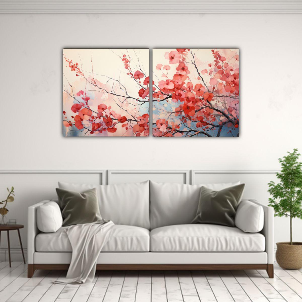 Pintura Acuarela árbol Eucalipto Colores Rojos 80x40 Cm-2