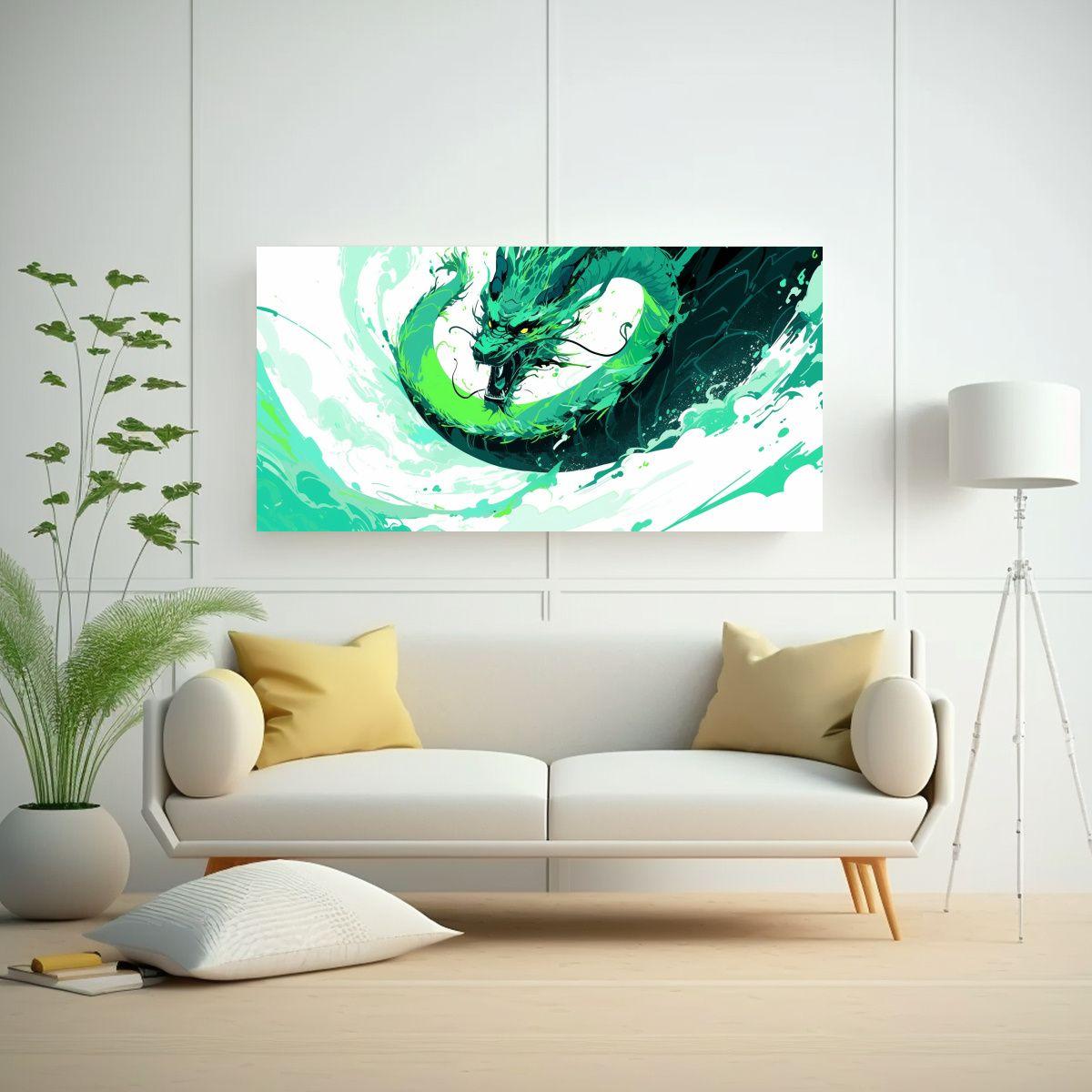 Cuadros Modernos Para Cocina: Dragón En Verde Y T 80x40cm-2
