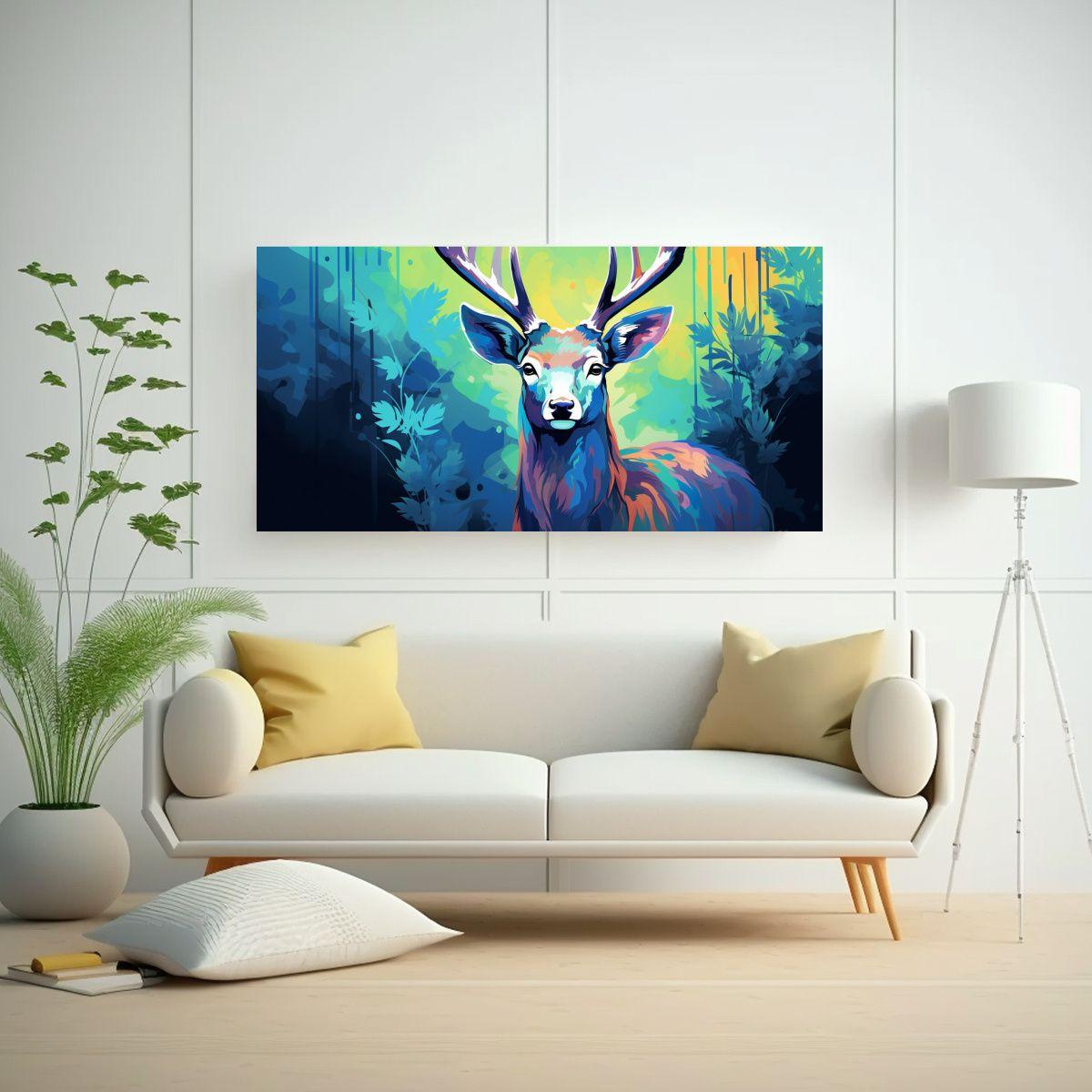Pintura De Ciervo En Helecho Y Zafiro: Arte Pop 140x70cm-2