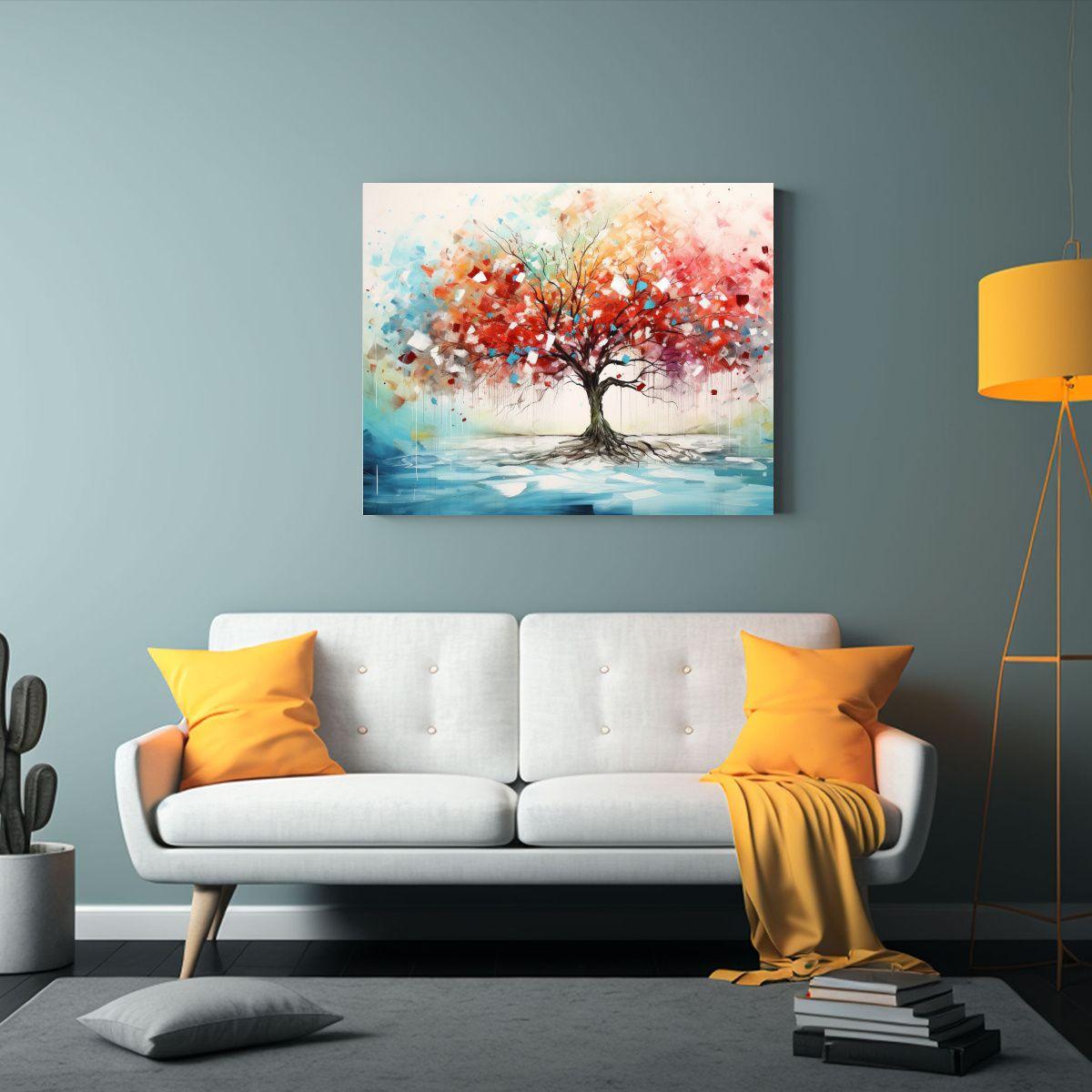 Pintura Abstracta Adorno Árbol Manzano Rojo Y Turquesa 65x50cm-2