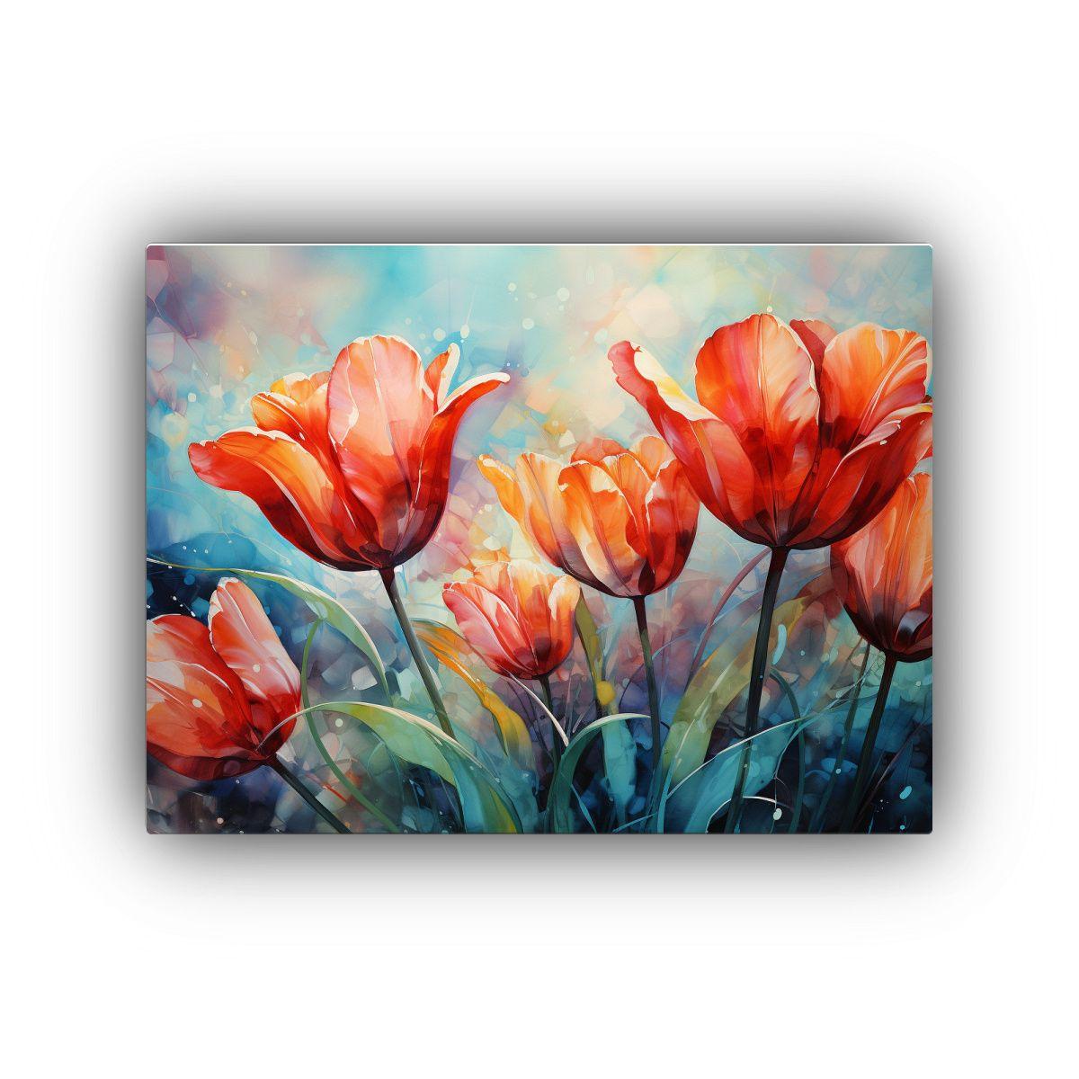 Cuadro Abstracto Alegría Tulipanes Rojos Y Turquesa 45x30cm-0