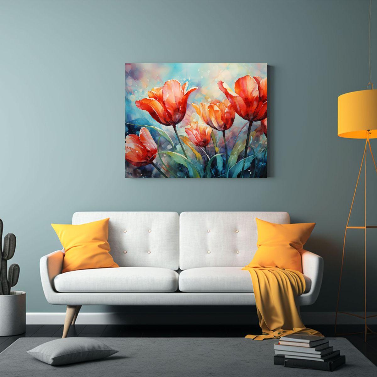 Cuadro Abstracto Alegría Tulipanes Rojos Y Turquesa 45x30cm-2