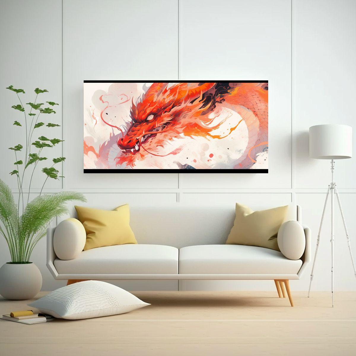 Cuadro Inspirador: Dragón Acuarelas Y Naranja, 40x20cm-2
