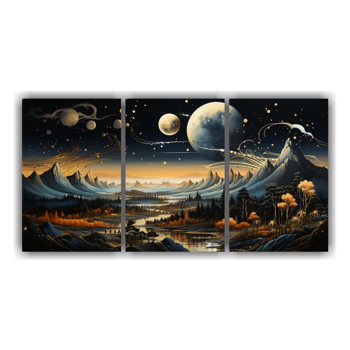 Cuadro Decorativo Tríptico Fases Lunares Paisaje 90x45 Cm-0
