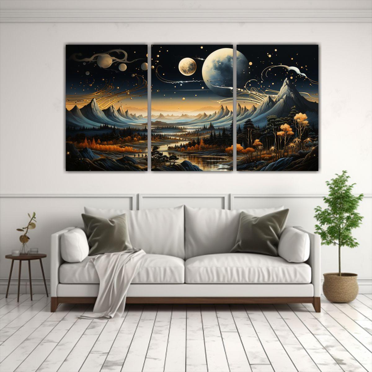 Cuadro Decorativo Tríptico Fases Lunares Paisaje 90x45 Cm-2