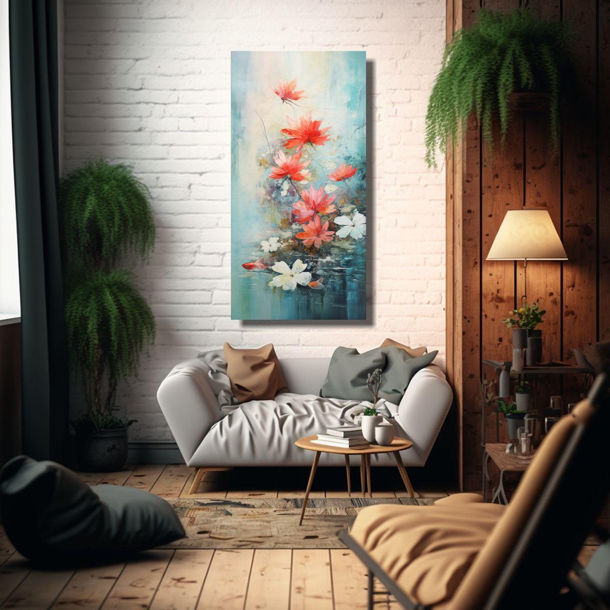 Cuadro Acuarela Con Lirios De Agua Flotando Y Dos 40x80cm-2