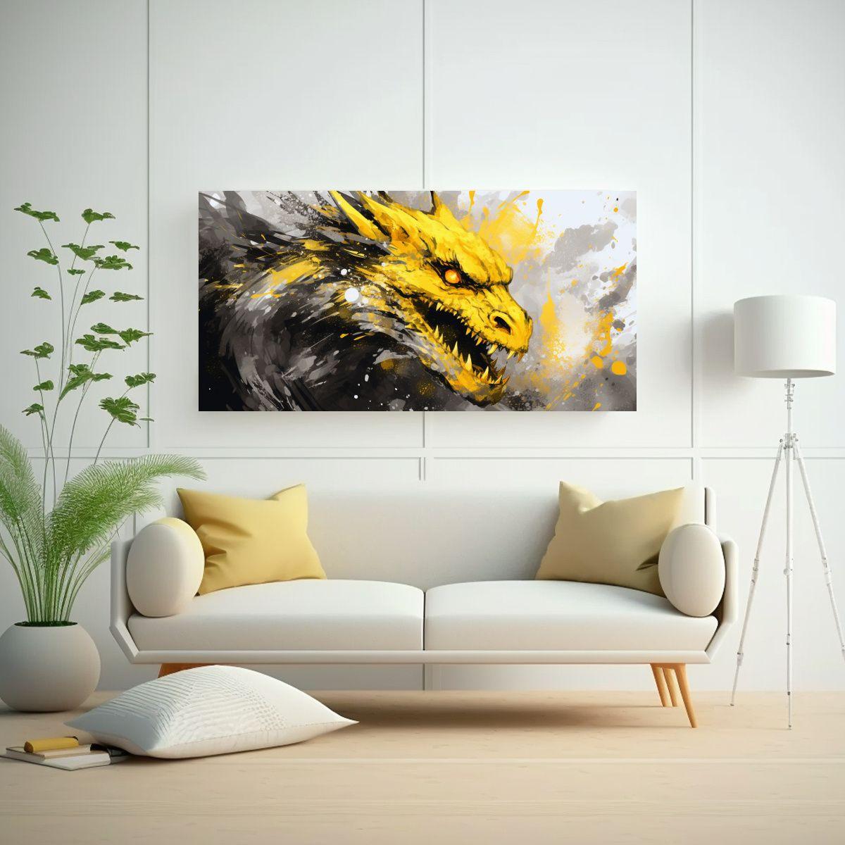 Cuadro Decorativo Moderno: Dragón En Amarillo Y B 60x30cm-2