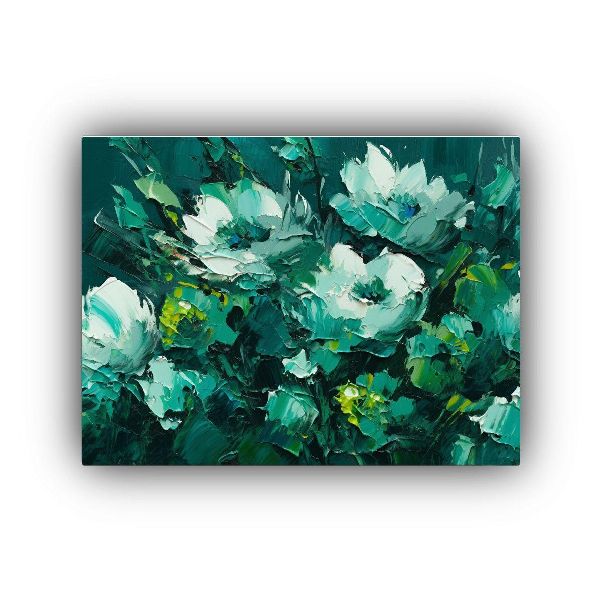 Pintura En Lienzo De Flores En Tonos Verdes Y 40x30cm-0
