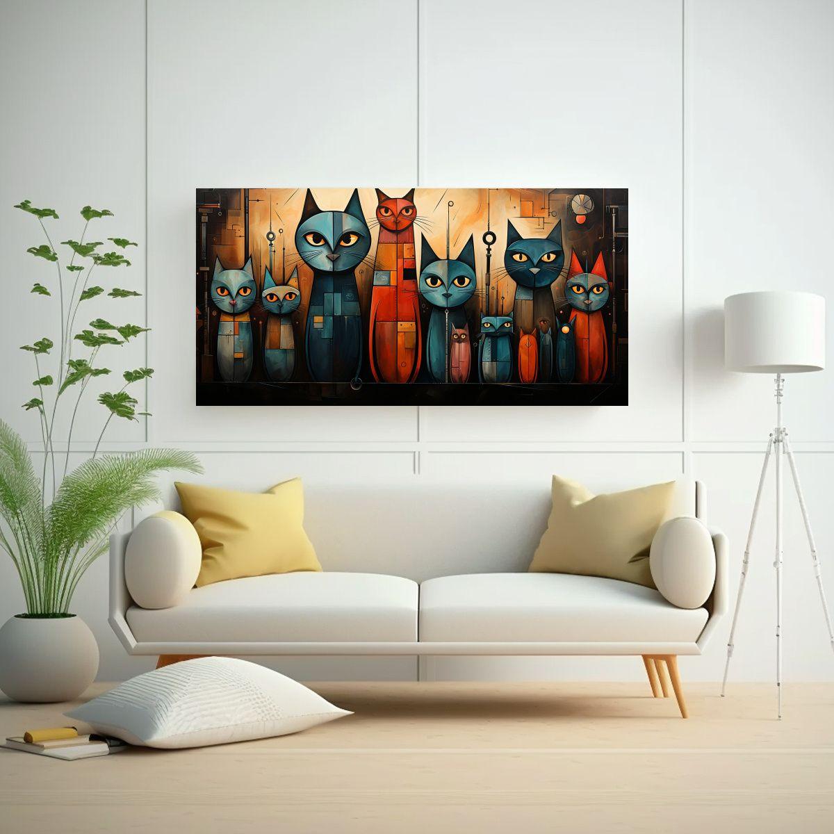 Arte De Pared Impreso Expresividad Gatos Mundo 140x70cm-2
