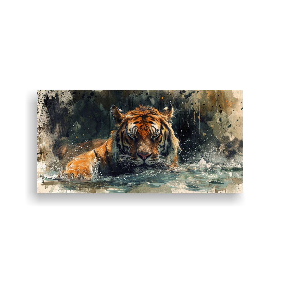 Pintura En Bastidor De Tigres Posando En Agua 40x20cm-0