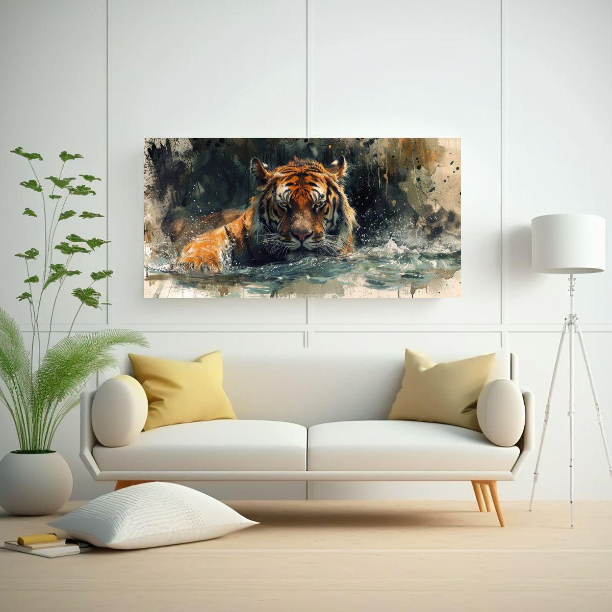 Pintura En Bastidor De Tigres Posando En Agua 40x20cm-2