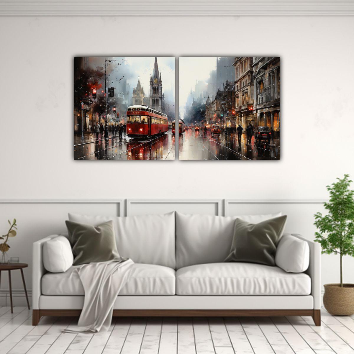 Dos Telas Modernas Estilo Acuarela Cuadro Ciudad 160x80 Cm-2