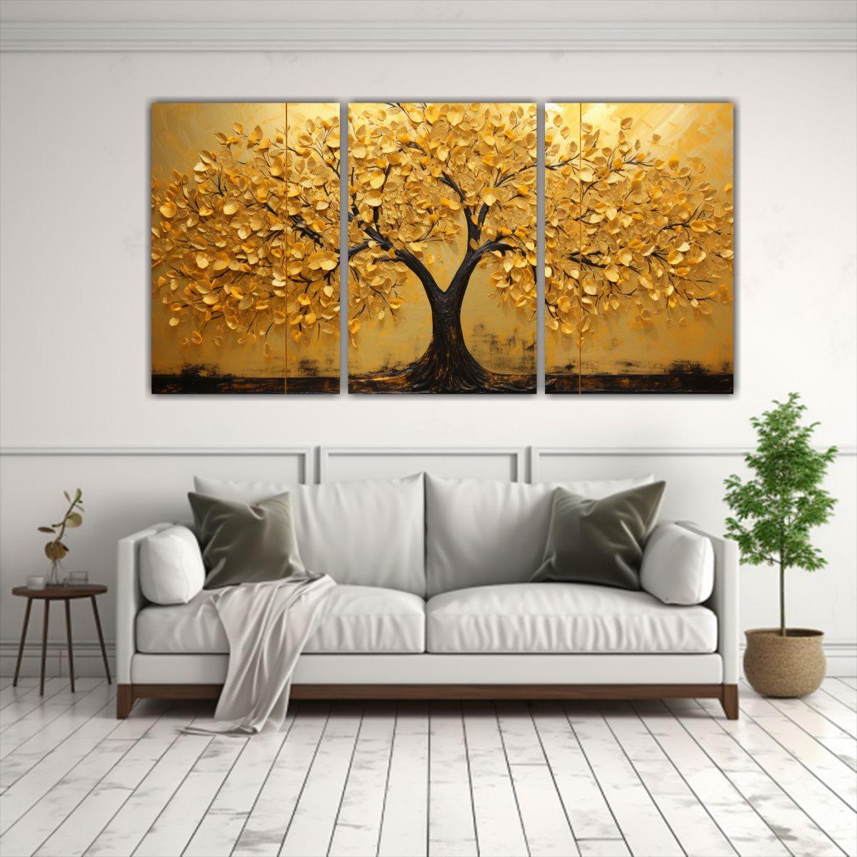 Conjunto 3 Telas Bastidor Abstracto Oro Amarillo 60x30 Cm-2