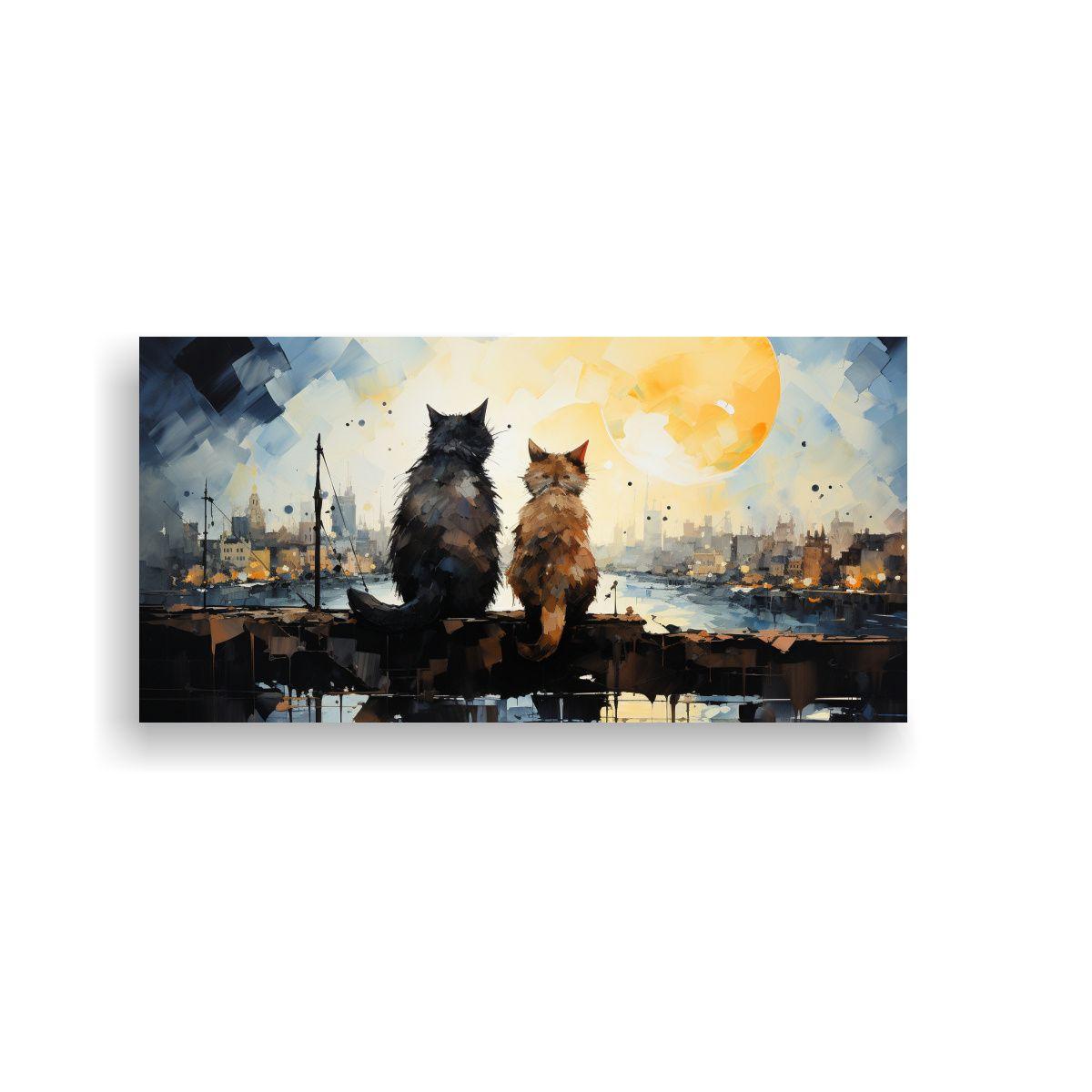 Gatos En Tejado Mirando Arriba, Lienzo Tela 40x20 Cm-0