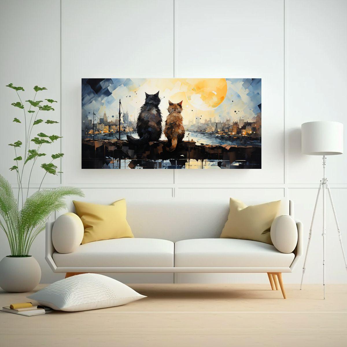 Gatos En Tejado Mirando Arriba, Lienzo Tela 40x20 Cm-2