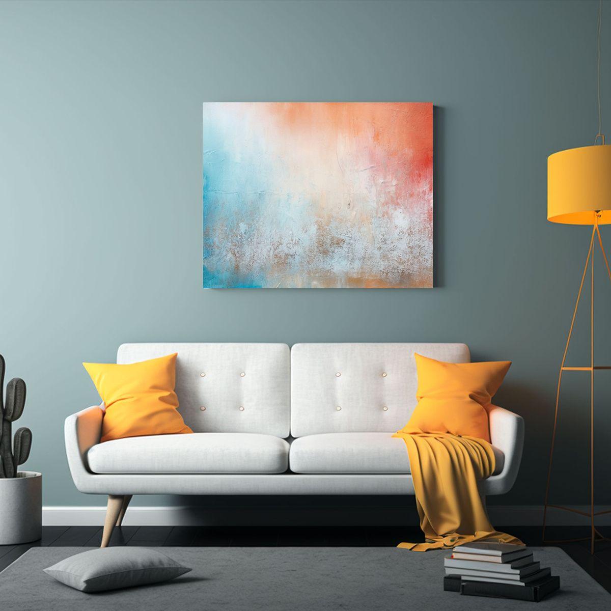 Pintura Abstracta Azul Y Naranja En Bastidor: Cuadro De Alta 65x50cm-2