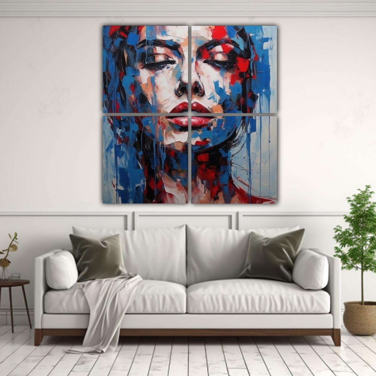 Cuadro Floral De Rostro Humano Con Fondo Azul 180x180 Cm-2