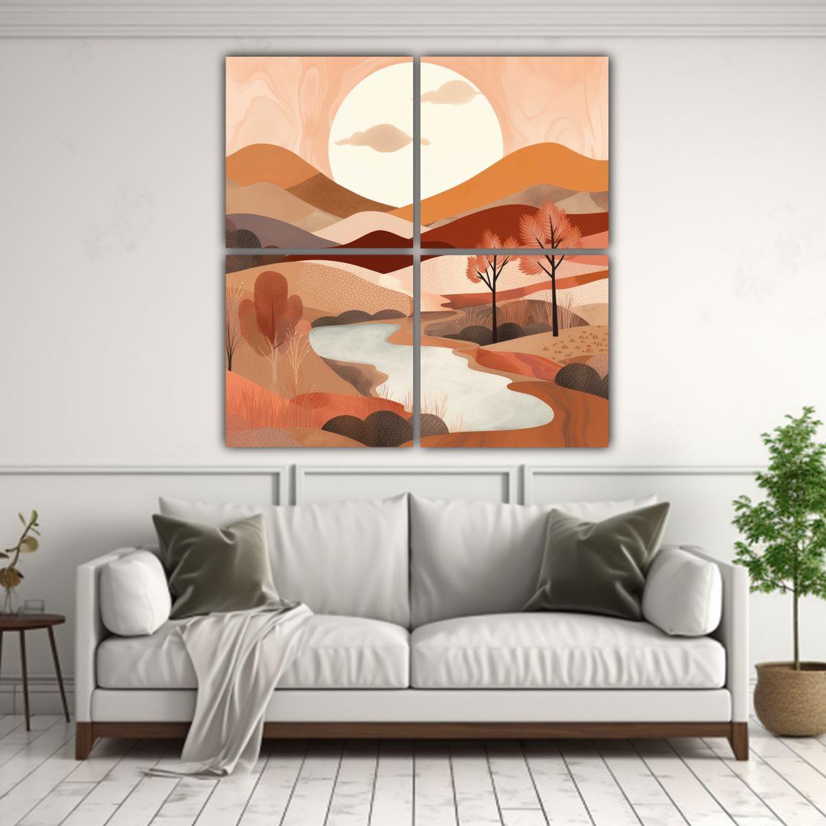 4 Cuadros De Paisajes Estilo Boho Abstracción 100x100 Cm-2