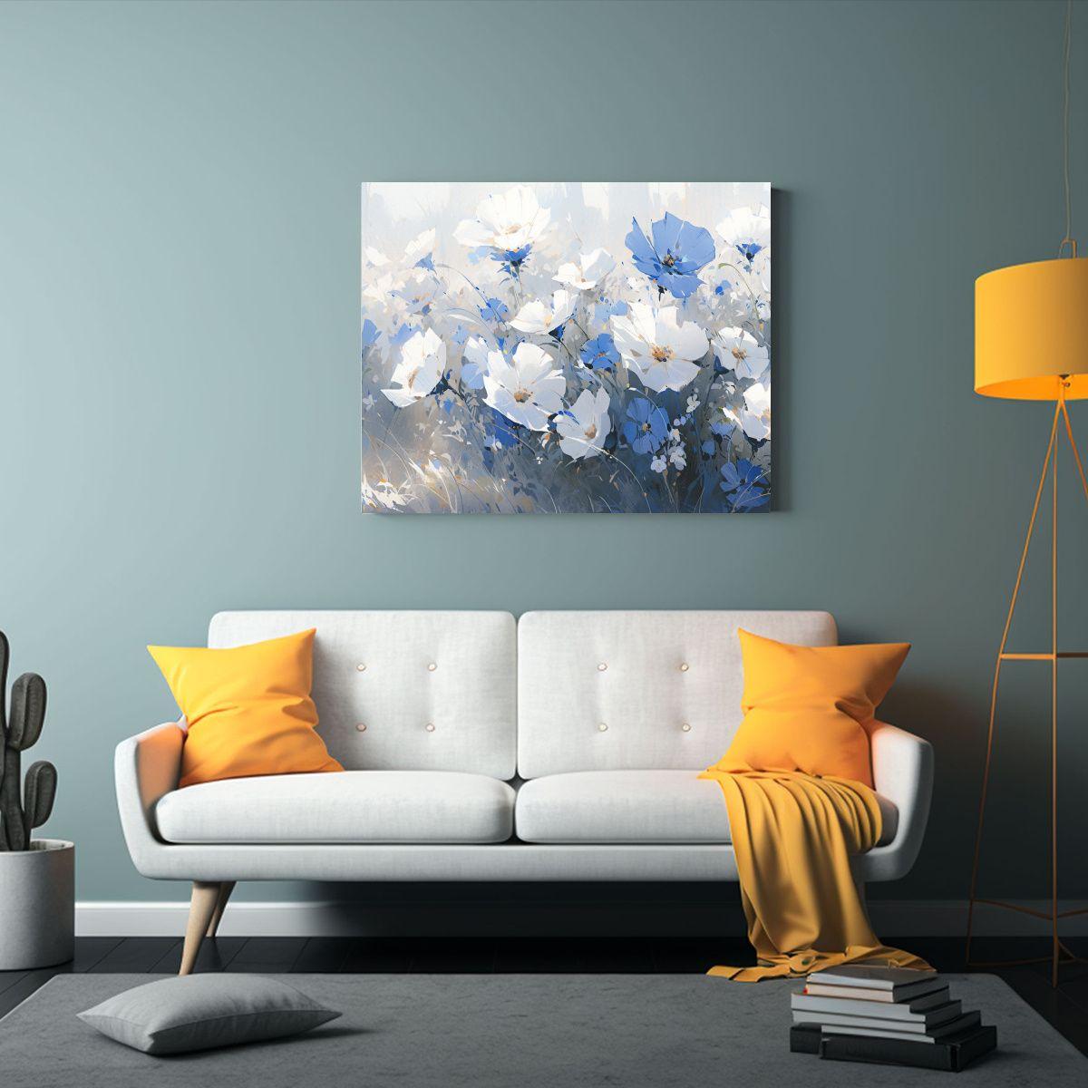 Pintura De Flores Blancas Y Azules En Lienzo De Arte Decorat 40x30cm-2