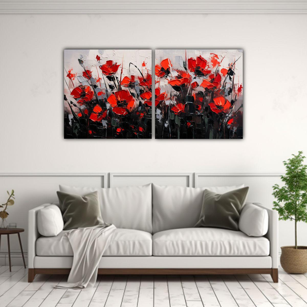 Set 2 Cuadro Galería Motivo Flores Rojo Y Negro 100x50 Cm-2