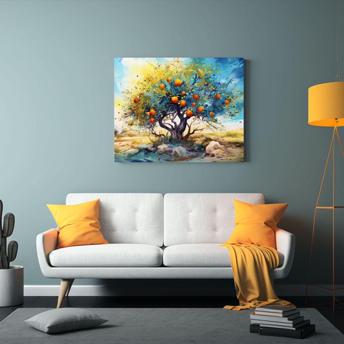 Pintura Abstracta De Un Granado En Tonos Azules, Decoración 60x40cm-2